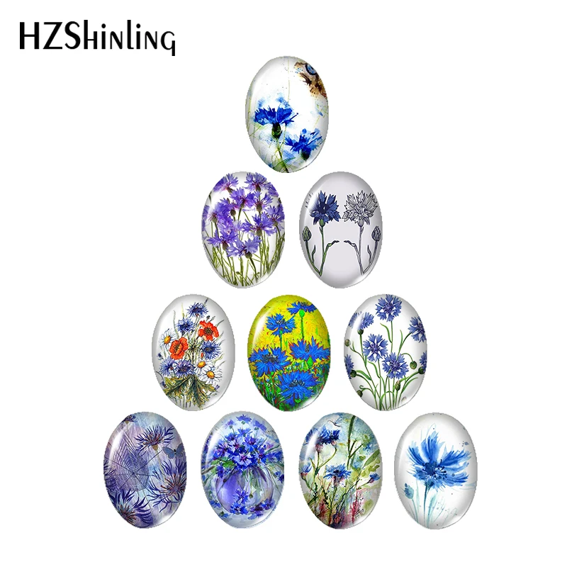 2020 New Blue Flowers Wild Cornflowers Glass Cabochon Cornflower Picture Round Square Heart Tear Drop Oval Cabochons Jewelry