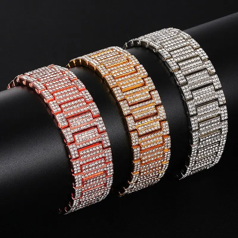 Wholesale Jewelry -- (21cm*21mm) Hip Hop Gold Color 21 mm Full Crystals Big Watch Bracelets For Men Fashion Jewelry