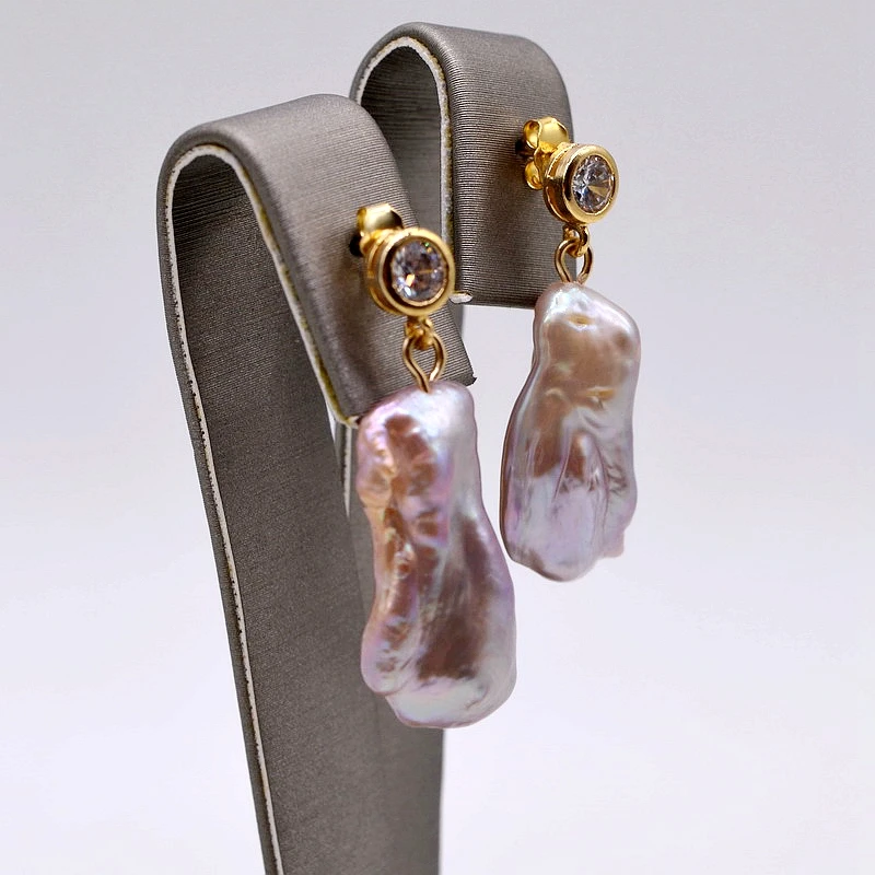 Real Baroque Earrings Rectangle Purple Natural Freshwater Pearl Cubic Zirconia Gold Plated Women Earrings Fashion Jewelry