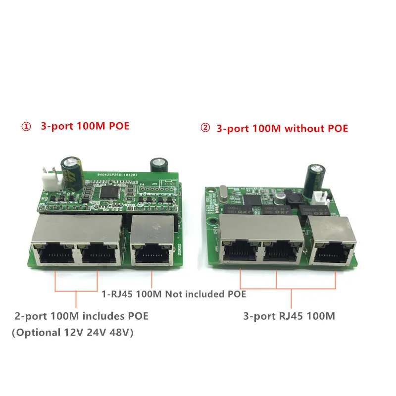 3-Port Gigabit POEswitchโมดูลใช้กันอย่างแพร่หลายในLEDสาย3พอร์ต10/100M Contact POEport miniโมดูลสวิทช์PCBAเมนบอร์ด