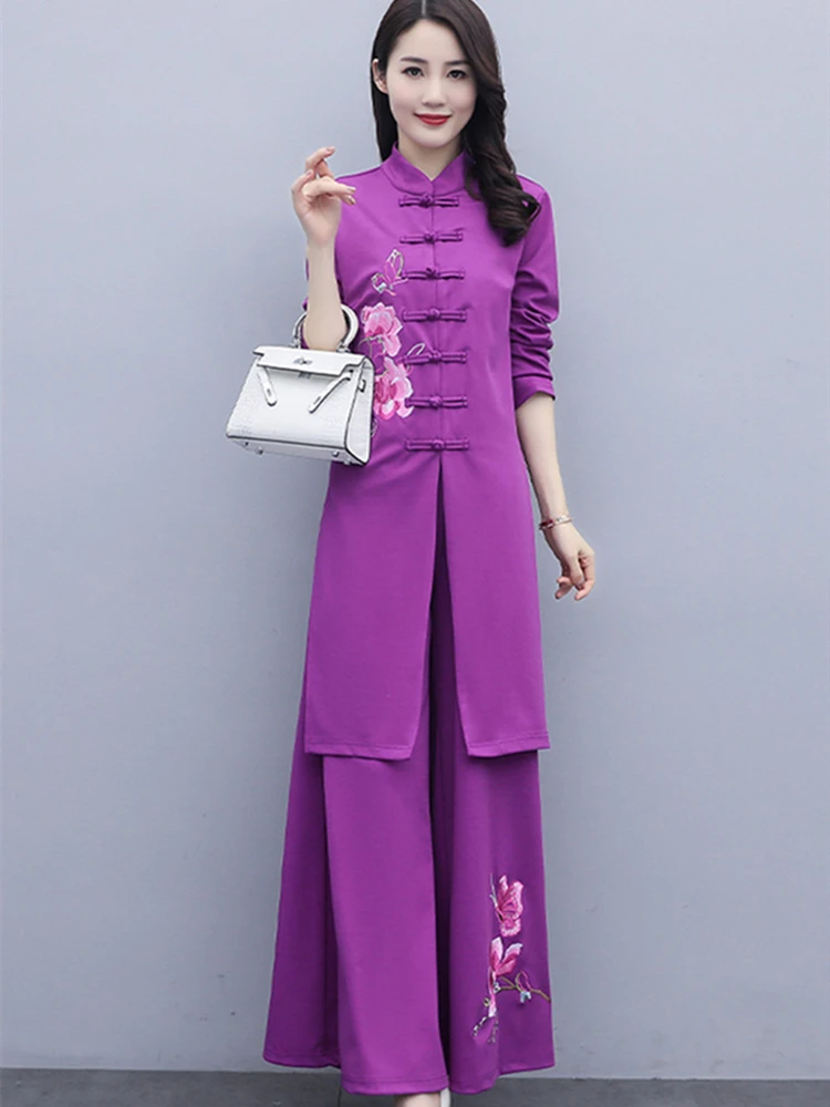 Chinese Style Two Piece Set Women Fashion National Embroidered Wide Leg Pants Clothing Vintage 2022 Suit Conjuntos De Mujer