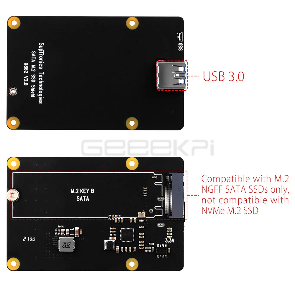 GeeekPi Raspberry Pi X862 m.2 NGFF 2280 SATA SSD Expansion Board with USB 3.1 Jumper for Raspberry Pi 4B (Model B)