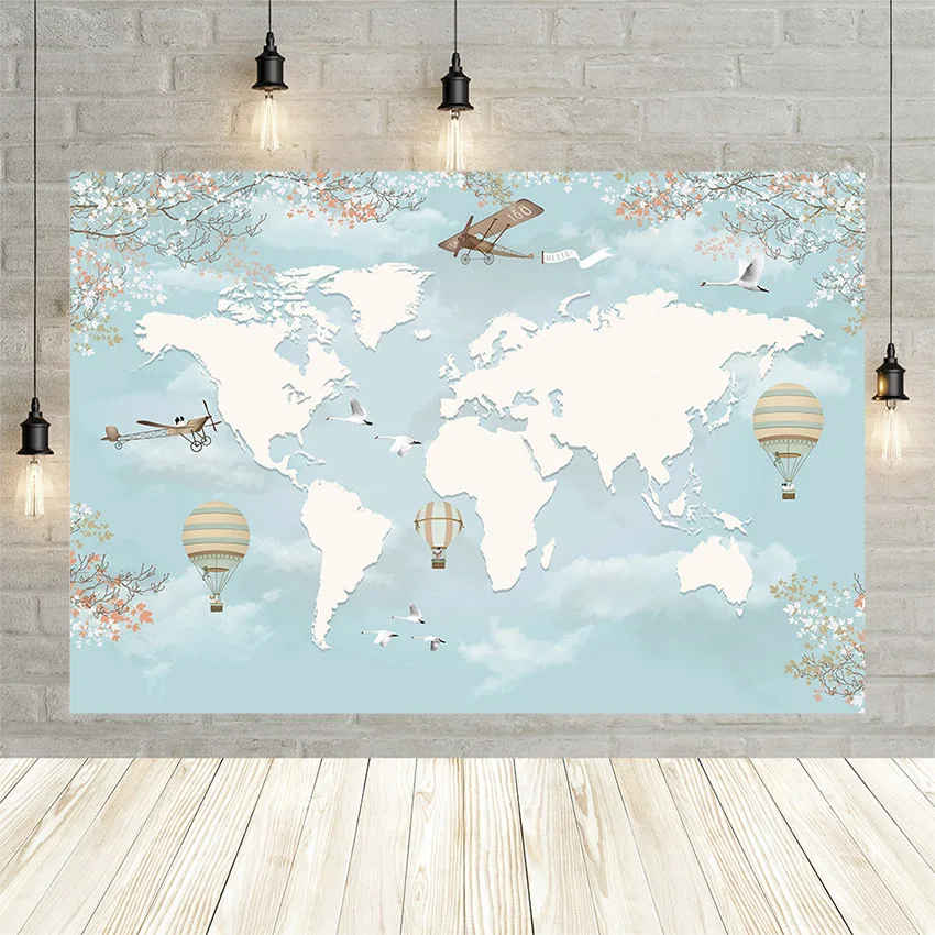 Avezano World Map Backdrop Airplane Travel Hot Air Balloon Child Kids Birthday Party Baby Shower Photography Background Shooting