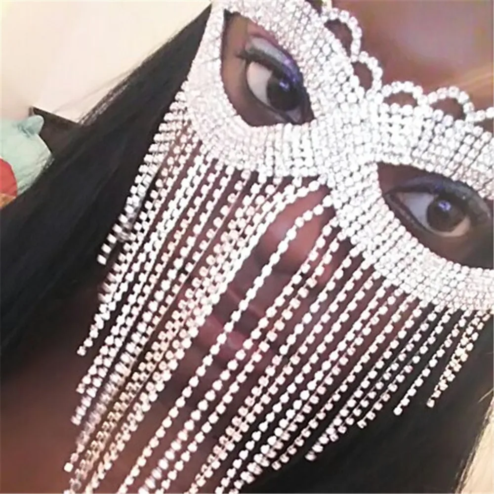 

Luxury Sexy Rhinestone Tassel Cover Face Eye Mask Belly Dance Jewelry for Women Bling Crystal Masquerade Mask Face Accessories