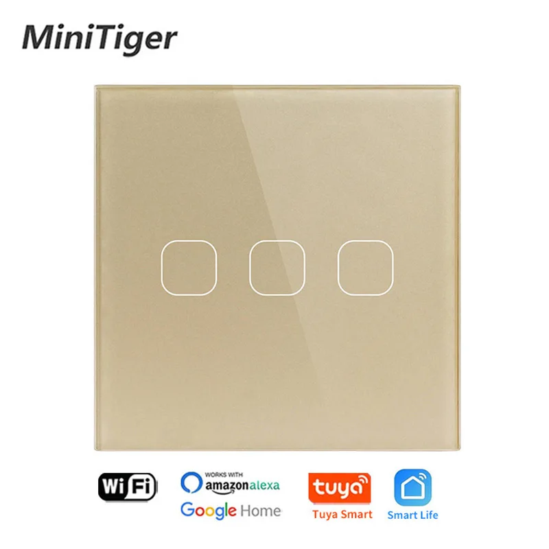 Minitiger EU/UK Standard Tuya Smart Life Glass Panel Light Touch Switch Voice Control Light Wireless Touch Wall Switch