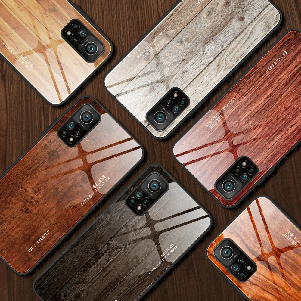 For Xiaomi Mi 10T Pro Case Luxury Hard Tempered glass Wood grain protective Back Cover Case for xiaomi Mi 10T Lite Mi10T pro