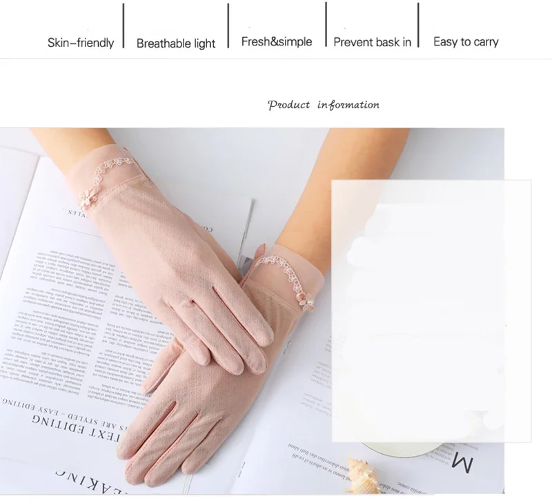 Sexy Summer Women UV Sunscreen Short Sun Screen Pearl Flowers Gloves Thin Ice Silk Lace Touch Screen Viscose Driving Gloves J53