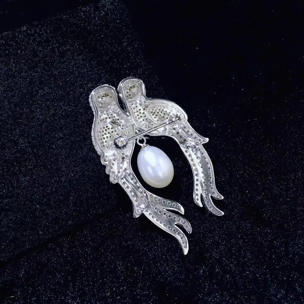 natural fresh water pearl brooch double birds parrot brooch pins 925 sterling silver cubic zircon fine women jewelry