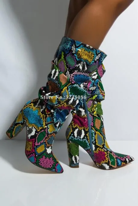 

Colorful Snakeskin Printed Chunky Heel Short Boots Lady New Arrival Fashion Pointed Toe Thick Heels Mid-calf Boots Woman