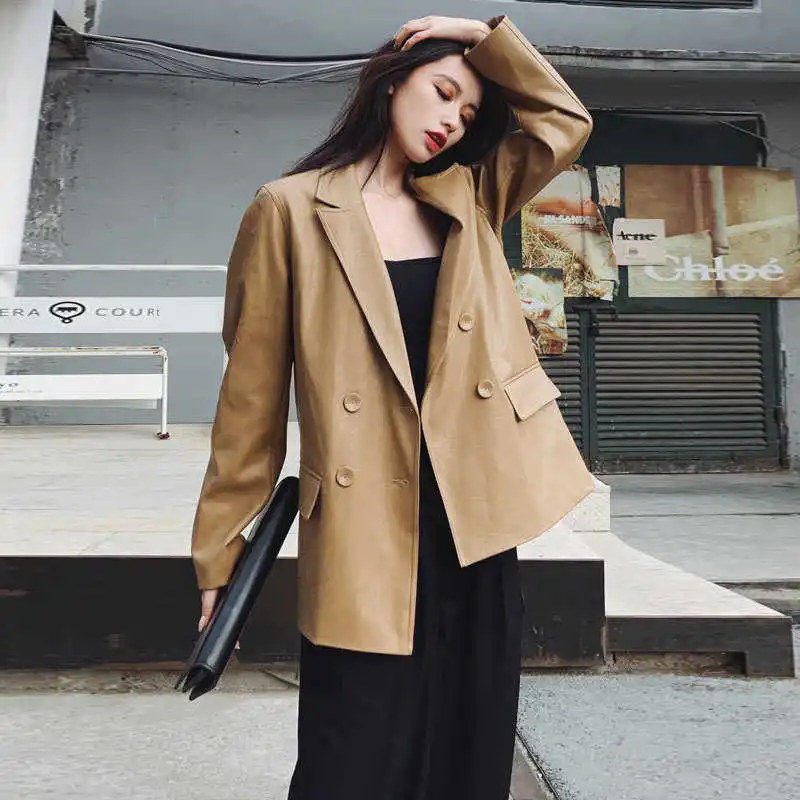 Vintage Soft Faux PU Jaqueta De Couro Mulheres 2023 Nova Primavera Outono Cor Pura Double Breasted Couro Blazer Escritório Senhoras Casacos