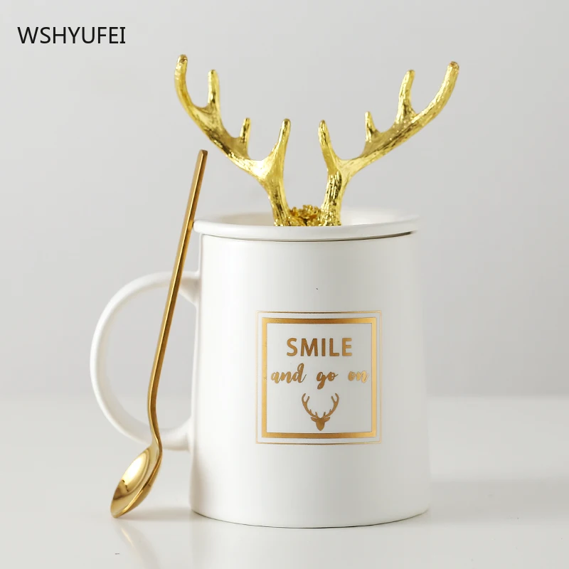 

WSHYUFEICoffee milk cup High-grade ceramics Couple with lid teacupDesktop decoration birthday present Family restaurant supplies