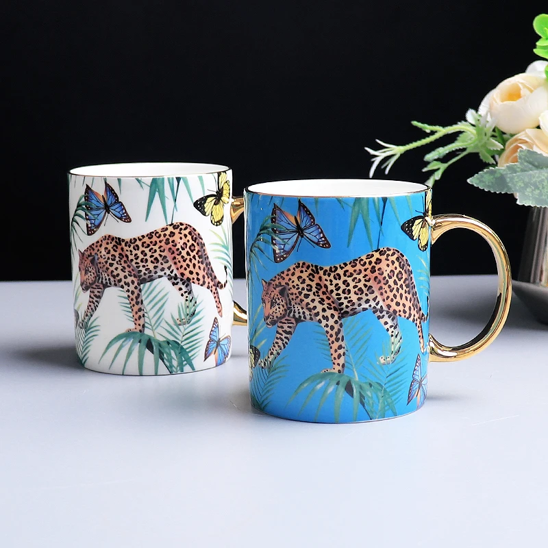 Europe Luxury Bone China Coffee Mug Cup Set, Leopard Forest Cheetah Water Drinking Glasses, Teacup Home Drinkware Gifts