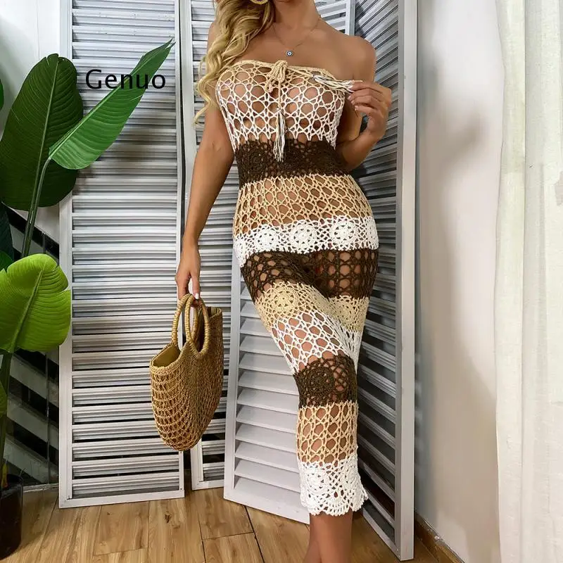 

Women Lace Crochet Stitching Maxi Dress Beach Dress Bohemian Summer Casual Dress Cover Up Swimsuit Beachwear