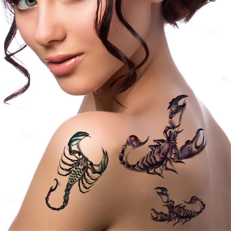 Realistic Fake Tattoo Stickers Purple Rose Scorpion Spider Feather Body Art Hand And Foot Chest Temporary Tattoo