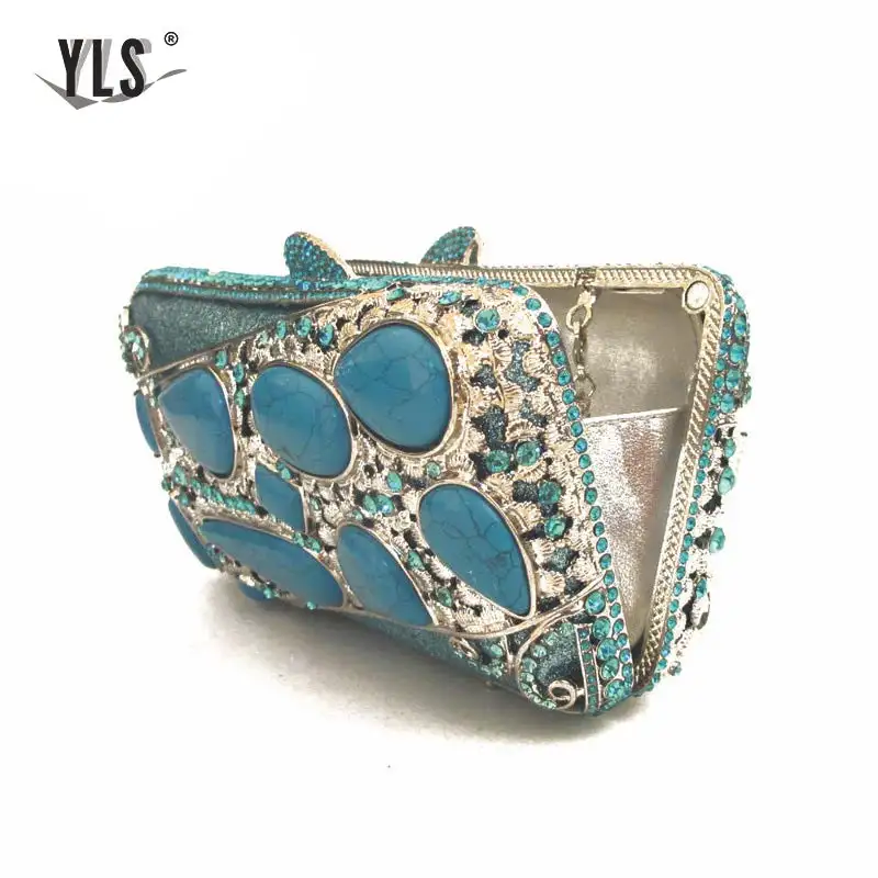 Brand Design Vintage Ladies Blue Gem Clutches Rhinestone Evening Party Purse Dinner Handbags Women Bride Wedding Bag