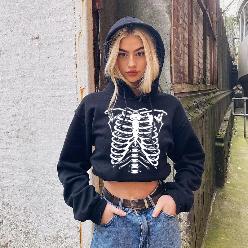 

Women's Sweatshirt d Hoodie y2k Harajuku Grunge Long Sleeve Skeleton print Tops Aesthetic Female Coat Winter Goth Men Clothes
