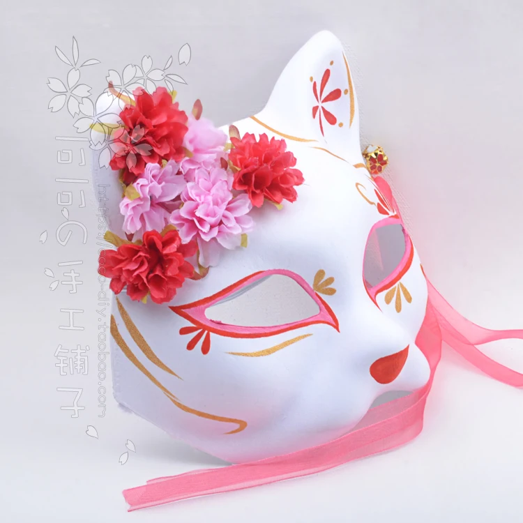 Ancient style mask kimono fox cat hand-painted anime cherry gold red pink silk flower bell cosplay