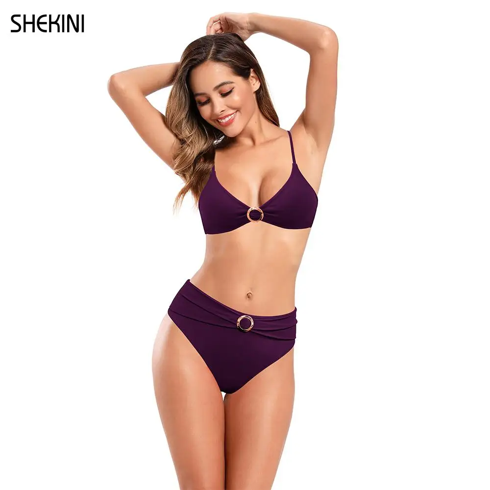 SHEKINI Women's Spaghetti Straps Bikini High-Waist Bottom Ring Ruched Two Piece Swimsuits V-neck Unique 2022 Beach Swimsuit