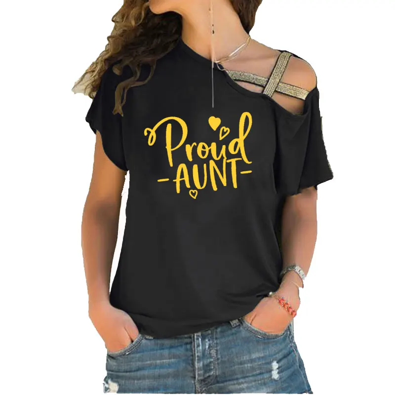 

Fashion Women's T-shirt Proud Aunt Letters Printed Women Casual Cotton FunnyIrregular Skew Cross Bandage tees tops