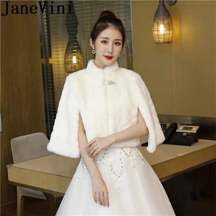 

JaneVini 2019 Women Evening Bolero Fux Fur Wedding Wrap Shawl Short Fur Shrug Cloak High Neck Beaded Bridal Capes Etole Fourrure