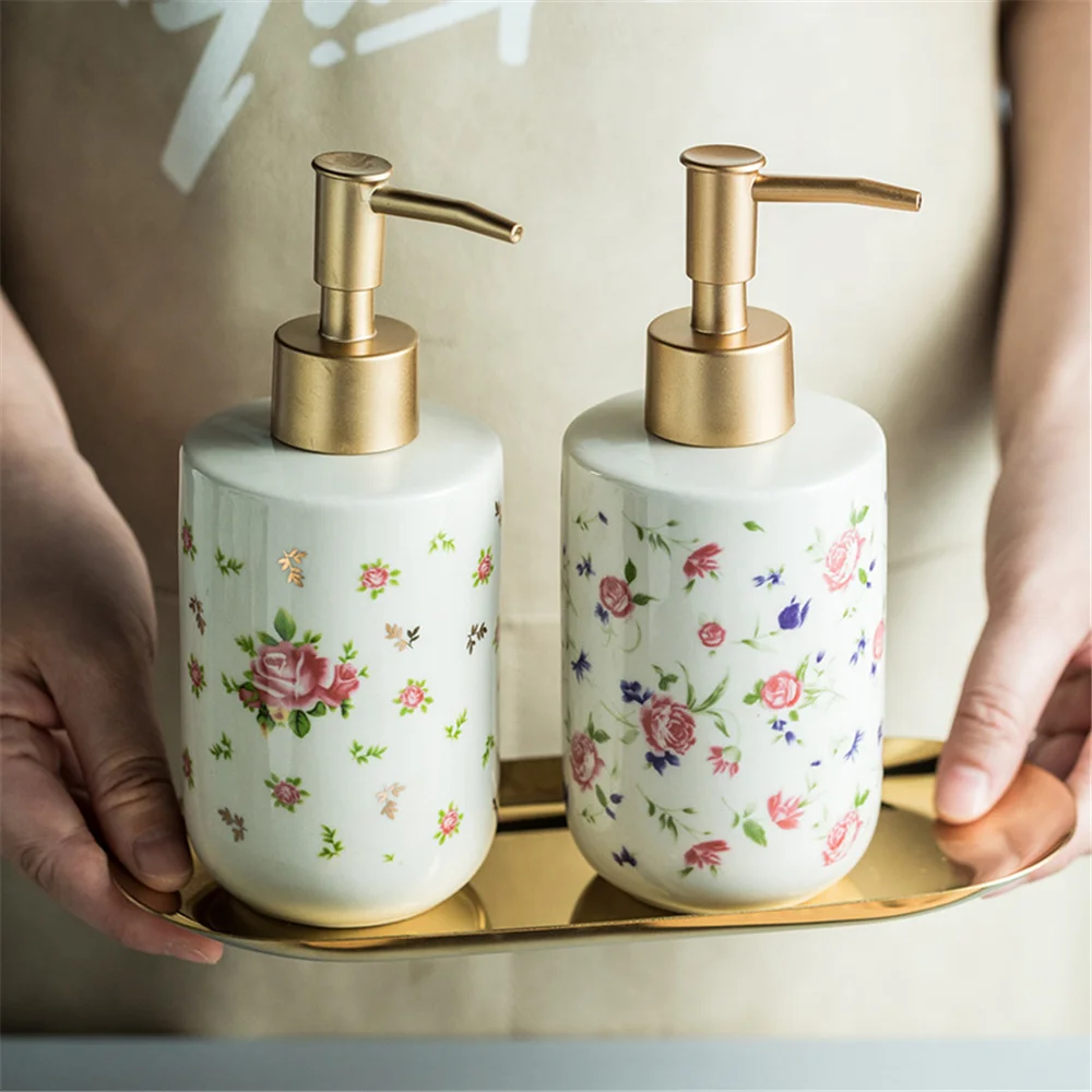 

320ml Shampoo Bottles Retro Rose Style Ceramic Soap Dispenser Bathroom Hand Sanitizer Disinfectant Empty Refill Sub-bottle