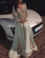 Robe De Soirée De Mariage Long Sleeve Muslim Evening Dress 2022 Mint Dubai Arabic Prom Gowns Gold Embroidery Formal Dresses