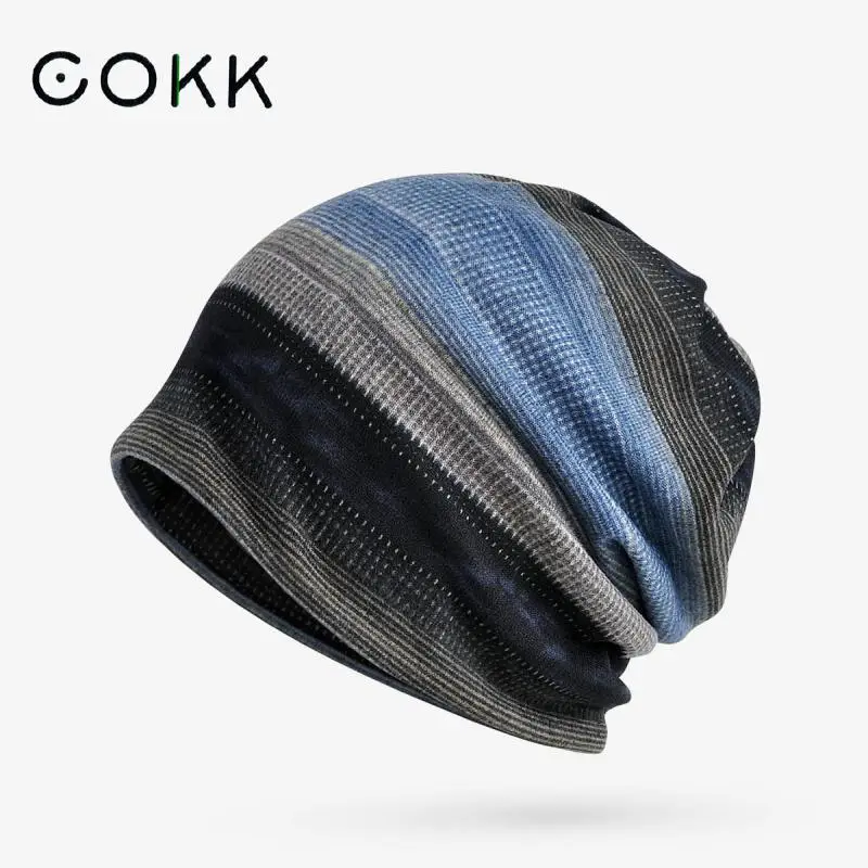 COKK Hat Beanies Men Women\'s Turban Hats Women Winter Scarf Mask Male Casual Stripe Beanie Baggy Cap Gorro Female Bone Male New