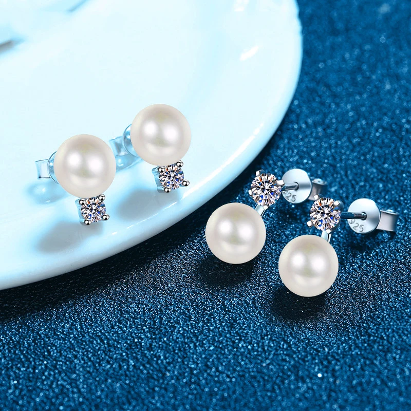 9mm Freshwater Cultured Pearl Bridesmaid Stud Earrings With Moissanite Top Sterling Silver Ear Studs Wedding Jewelry for Brides