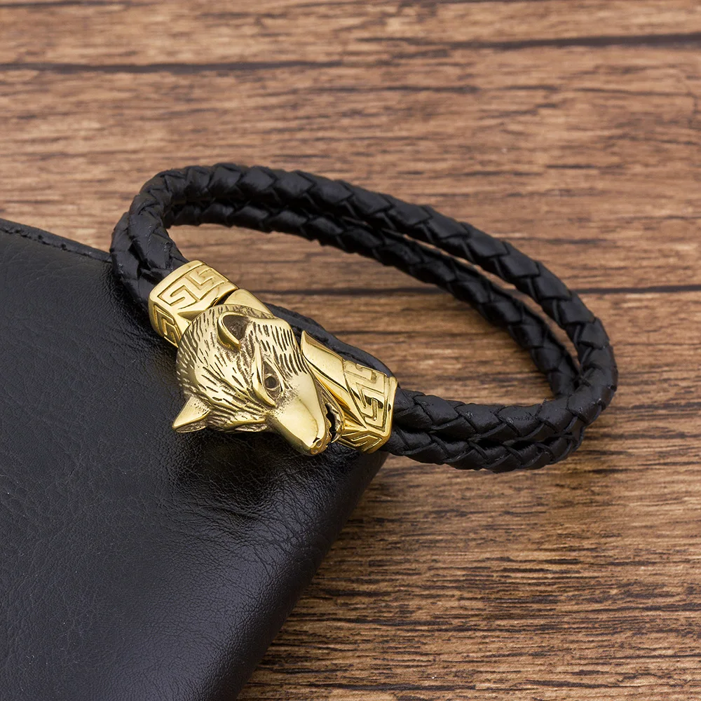 TYO Fashion Cool Charm Animal  Men Bracelet Wolf Braided Rope Rock Punk Stainless Steel Jewelry Accesoories Bangles
