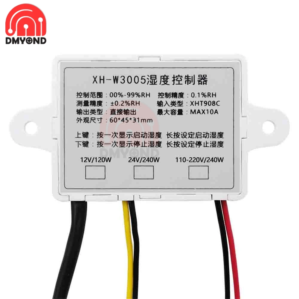 Imagem -03 - Controlador de Umidade Digital Sensor de Umidade Sonda Interruptor Regulador Higrómetro Controlador de Umidade Xh-w3005 12v 24v 220v