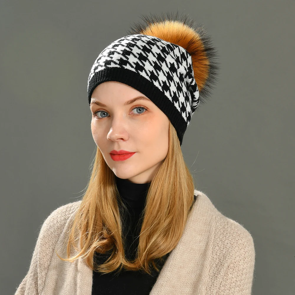 Jaxmonoy Knitted Beanie Hat Autumn Winter Fashion Female Big Real Raccoon Fur Pompom High Quality Bonnets