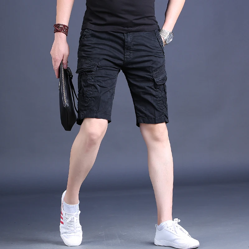 Summer Cargo Shorts Men Fashion Black Casual Shorts Cotton Multi-Pocket Knee Length Baggy Mens Clothing