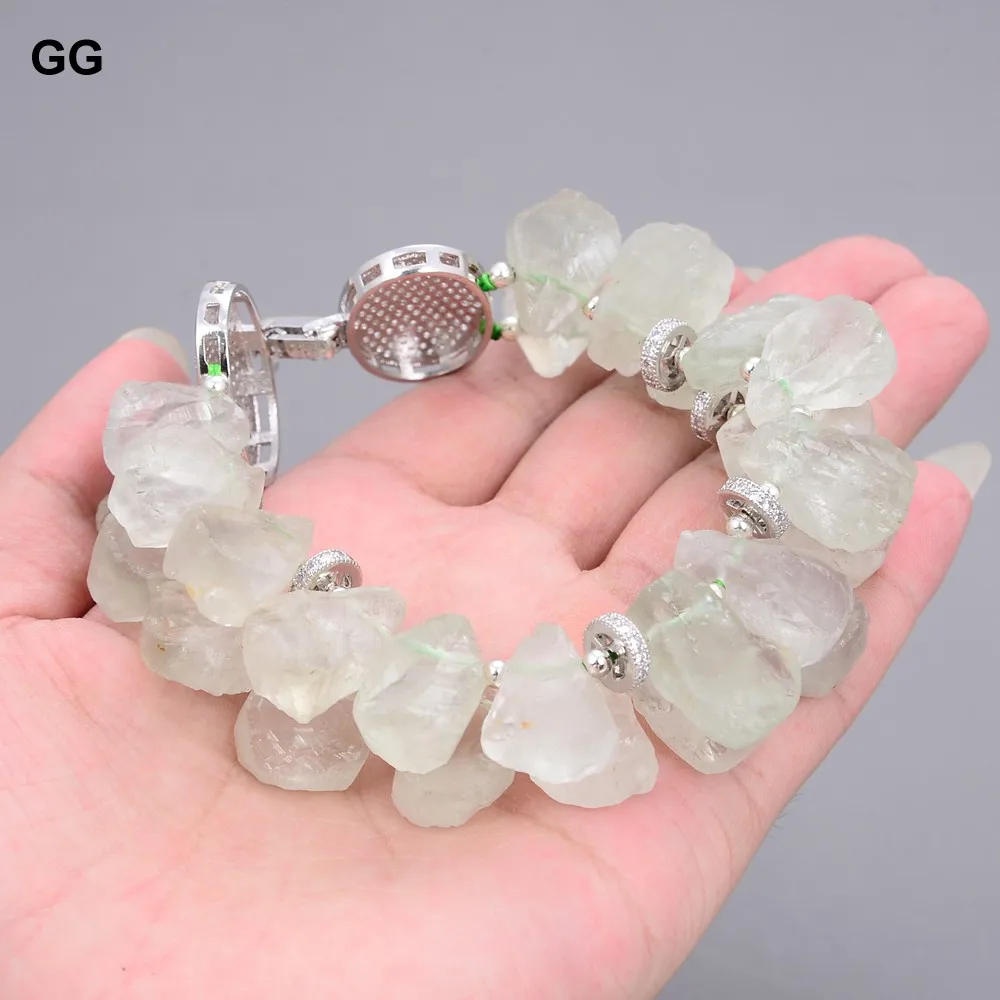 GuaiGuai Jewelry Natural Stone 2Strands Natural top-drilled Peruvian Green Prehnite Rough Bracelet Lady Jewelry