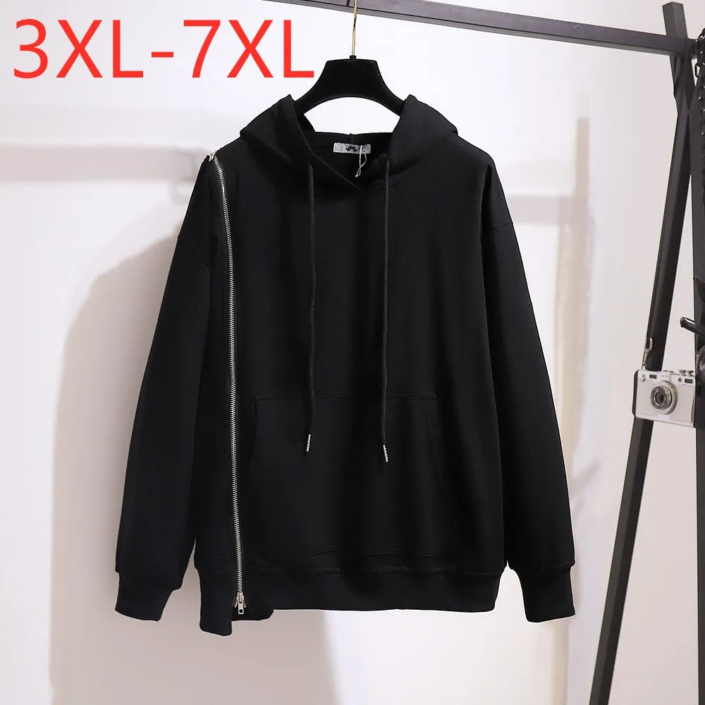 Baru 2021 Musim Gugur Musim Dingin Ukuran Plus Pakaian Wanita Hoodie Besar Lengan Panjang Katun Hitam Ritsleting Kaus Mantel 3XL 4XL 5XL 6XL 7XL