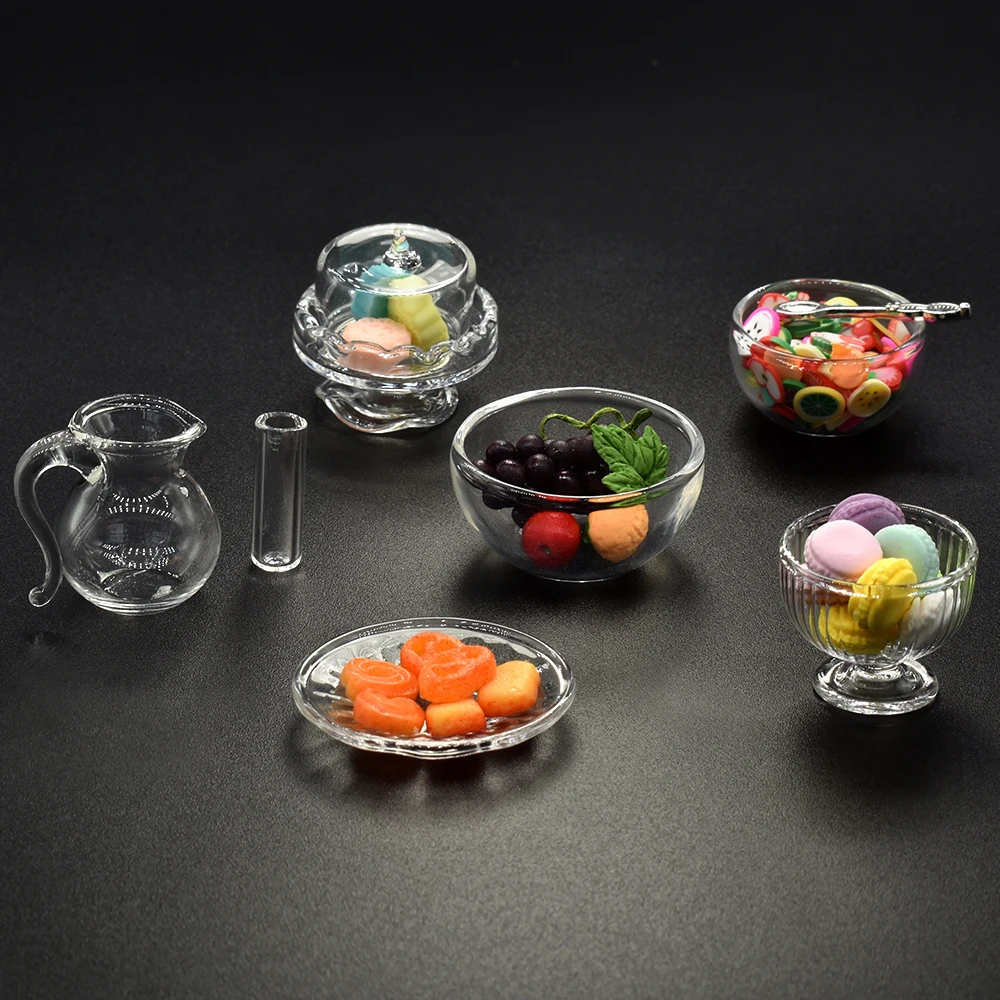 ILAND 1:12  Dollhouse Miniature Glass Tableware Set Kitchen Fruit Salad Bowl Cake Plate Dessert Dish Juice Jar Cup