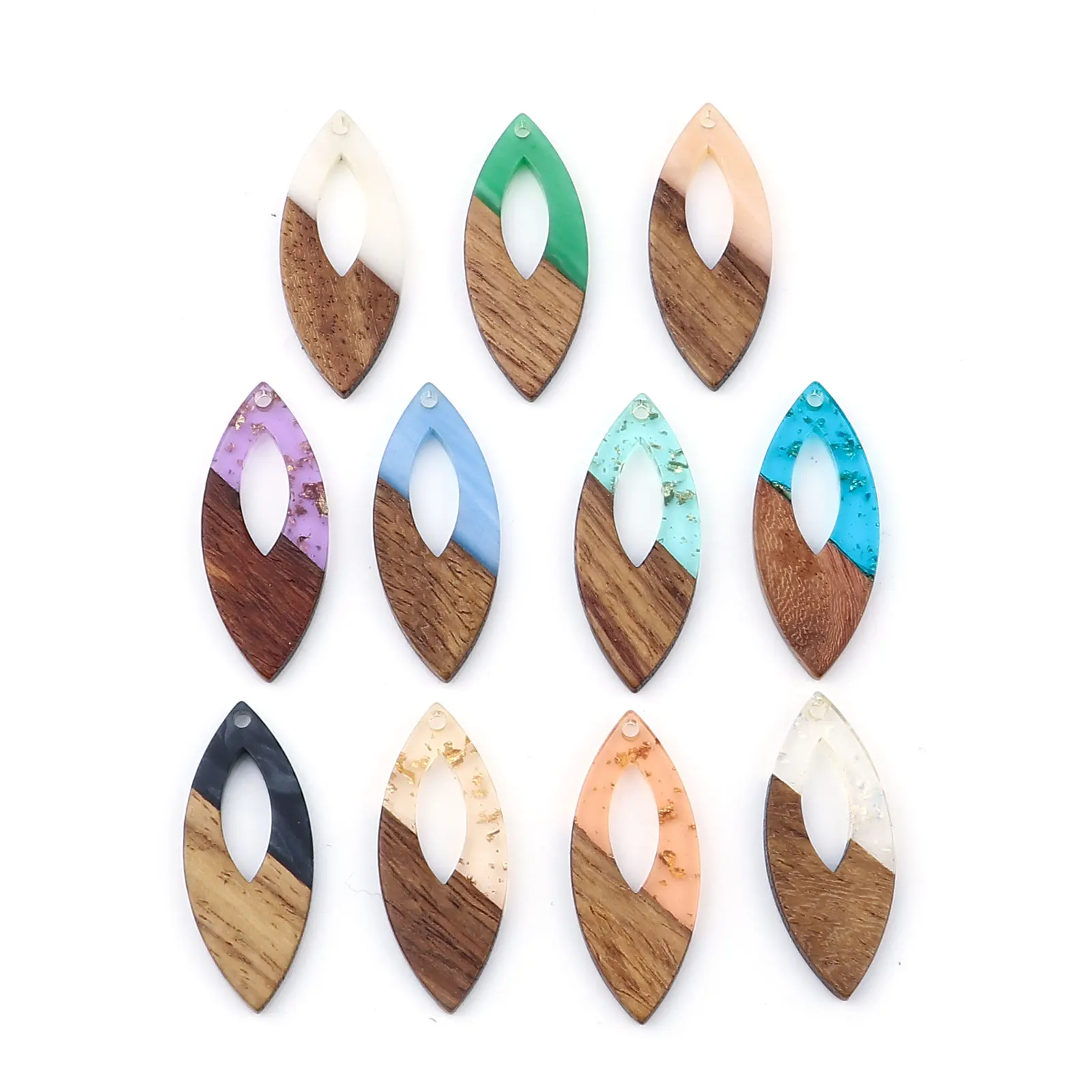 DoreenBeads Charms Resin & Natural Wood Effect Pendants Marquise Hollow DIY Making Necklace Earrings Jewelry 3.8cm x 1.6cm,3PCs