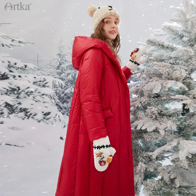 ARTKA 2021 Winter New Women Down Coat 3 Color Fashion Glossy 90% White Duck Down Coat Long Hooded Thicken Outerwear YK10388D