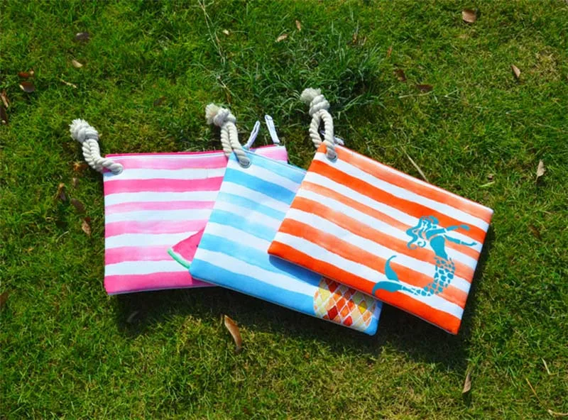 

DHL30Pcs Women Canvas Watermelon Fruit Patten Flap Stripes Beach Bags 5colors Ladies Zipper Cosmetic Bags