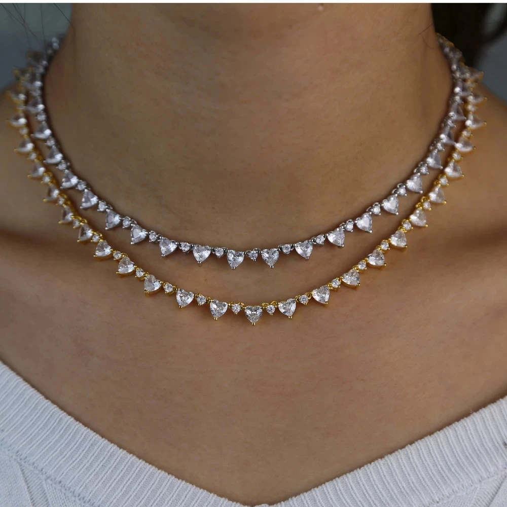 2025 Gold Silver Color Delicate Iced Out Sparking Bling White CZ Heart Link Chain Necklace For Girl Women Choker Fashion Jewelry