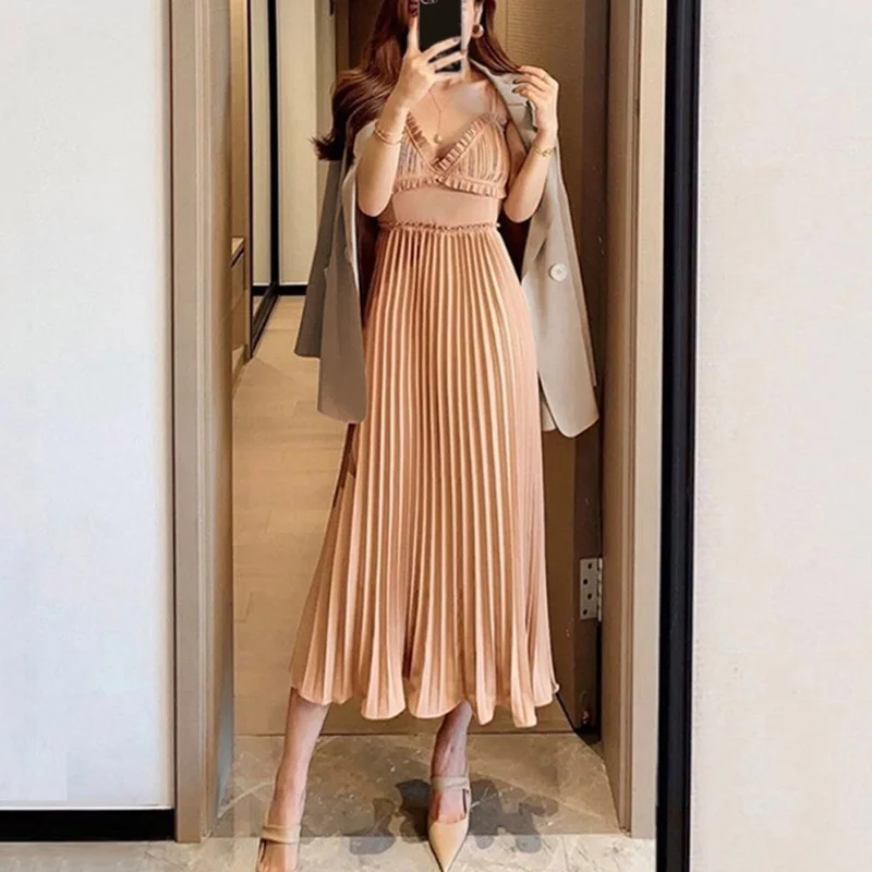 Women's 2023 New Early Autumn Suit Korean Casual Suit Jacket Long-sleeved Temperament V-neck Suspender Skirt Two-piece Suit