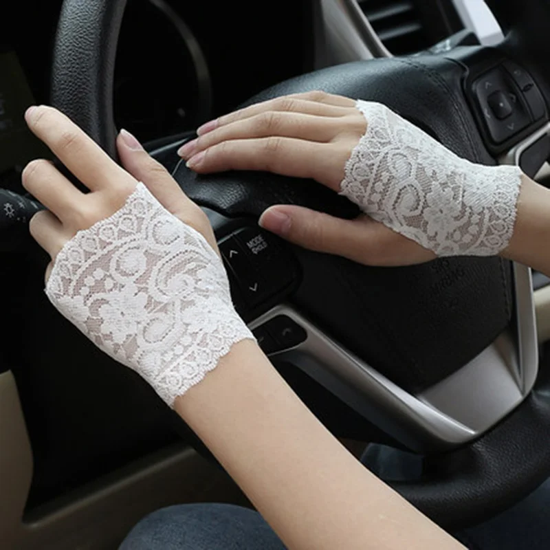 Guantes de medio dedo con manga de encaje para mujer, manoplas elásticas finas y cortas con protección solar, para conducir, para verano, M60