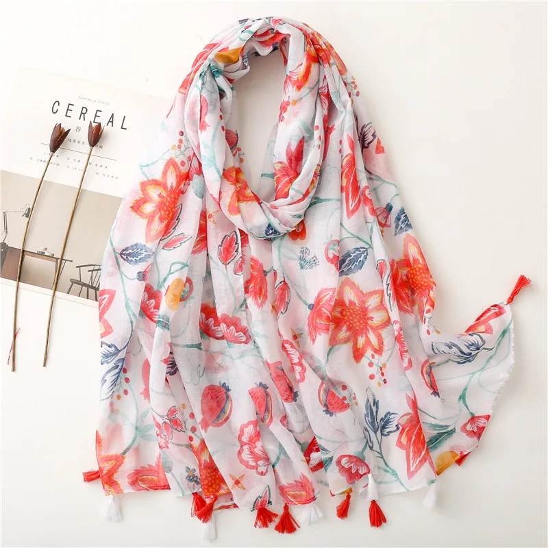 

2021 Fashion Ombre Flower Print Tassel Pitaya Scarf Hijab Shawls Long Blossom Wrap Scarves Free Shipping