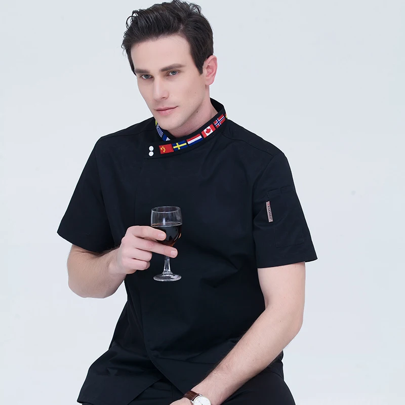 High Quality Black White M-4XL Wholesale Women Men Short-sleeve Oblique Embroidery Collar Kitchen Hotel Chef Jacket Bake Uniform