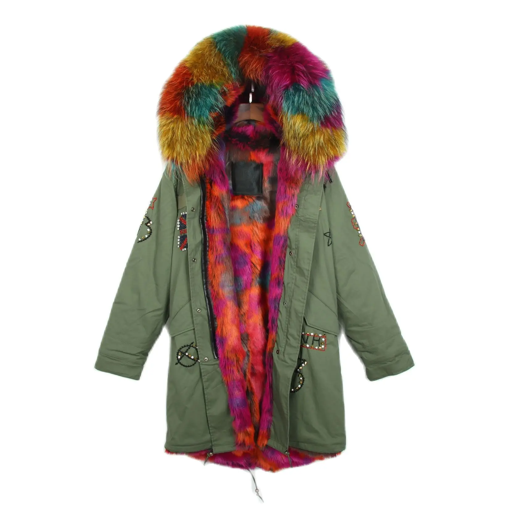 Parka longue brodée de perles colorées pour femmes, pardessus vert en fourrure de lapin