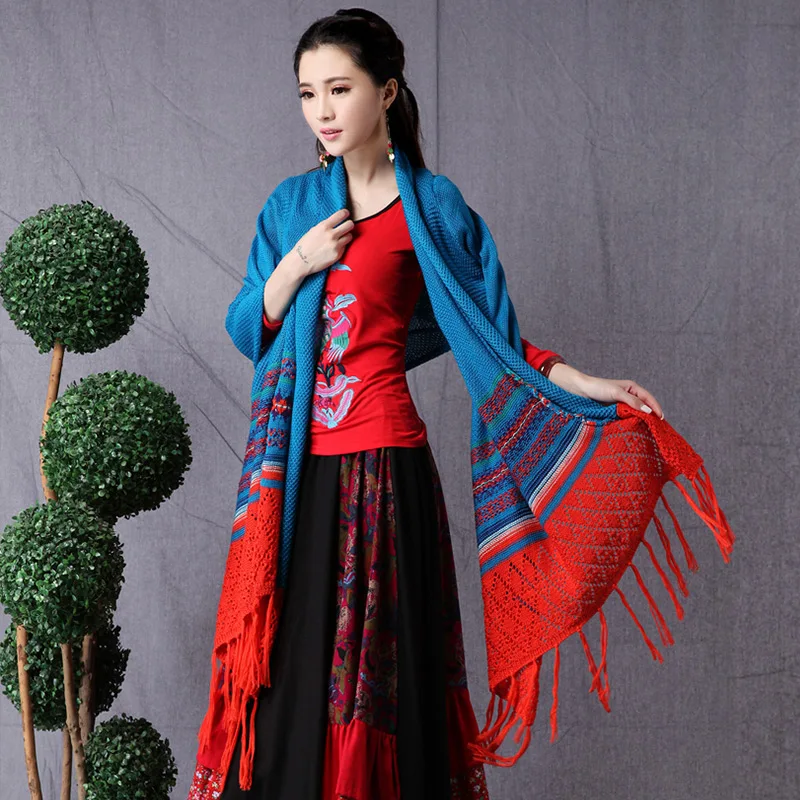 Ethnic Boho 2021 New Autumn Winter Printed Tassels Knitted Loose Cardigan Women Full Bat Cape Poncho Shawl Sweater Coat