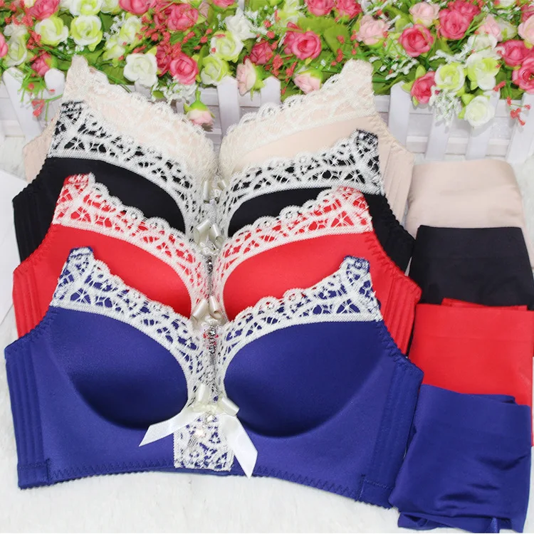 Comfortable Gathering Sexy Underwear Suit push up bra Ring-free lace edge massage palm cup bra+set lingerie femme 75C 80C #trea