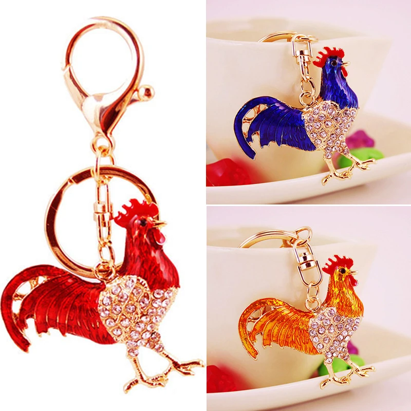 Crystal Floral Chicken Rooster Key Chains Ring Keychains Animal Jewelry For Women Girls Bag Car Charms Gifts