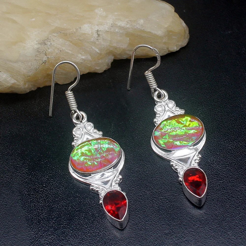 

Gemstonefactory Big Promotion Unique 925 Silver Dichroic Glass Red Garnet Women Ladies Gifts Dangle Drop Earrings 20211889