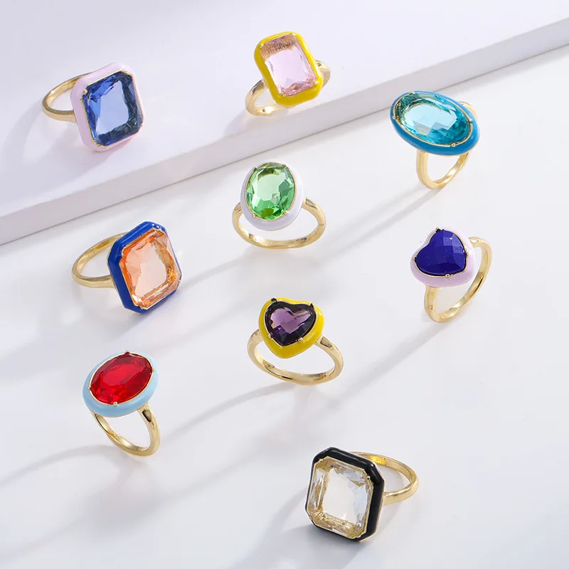 NEW Irregular Geometric Square Round Colorful Crystal Cubic Zirconia Dripping Oil Finger Ring For Women Wedding Jewelry Gifts