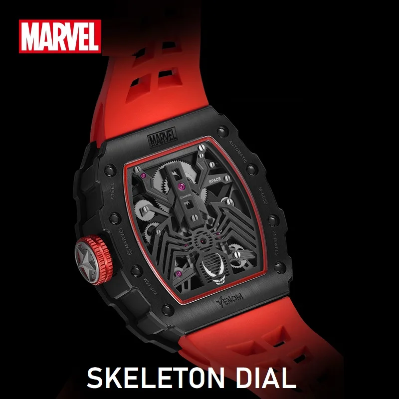 Montre-bracelet automatique Disney Avengers Heros, modules Marvel Venom, montre-bracelet à remontage automatique, fibre de carbone, cadran creux, saphir, cristal, zones de montre